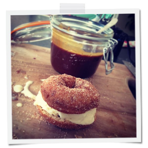 Apple Cider Donut Ice Cream Sandwich with Bourboned Salted Caramel Sauce